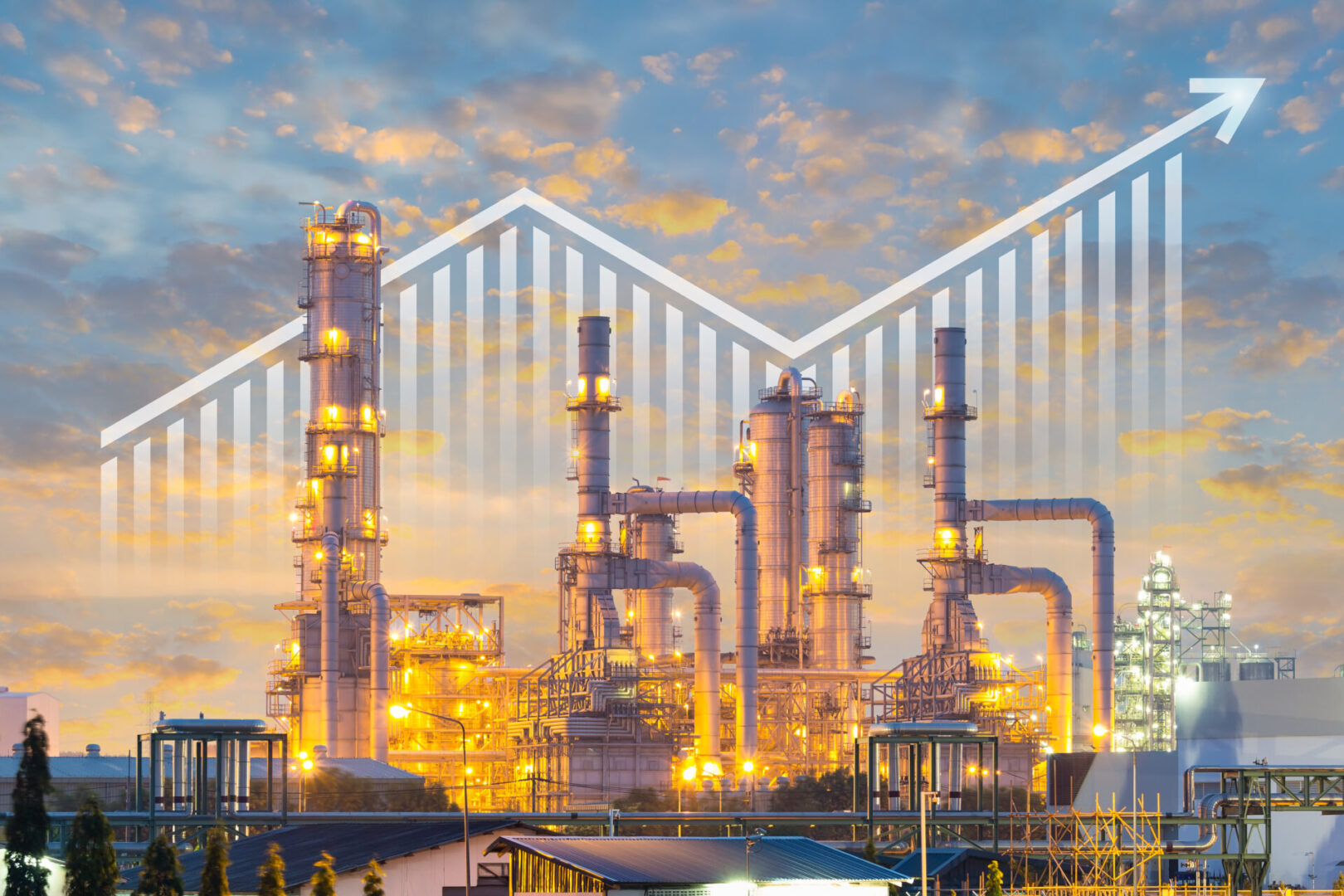 Oil gas refinery or petrochemical plant. Include arrow, graph or bar chart. Increase trend or growth of production, market price, demand, supply. Concept of business, industry, fuel, power energy.