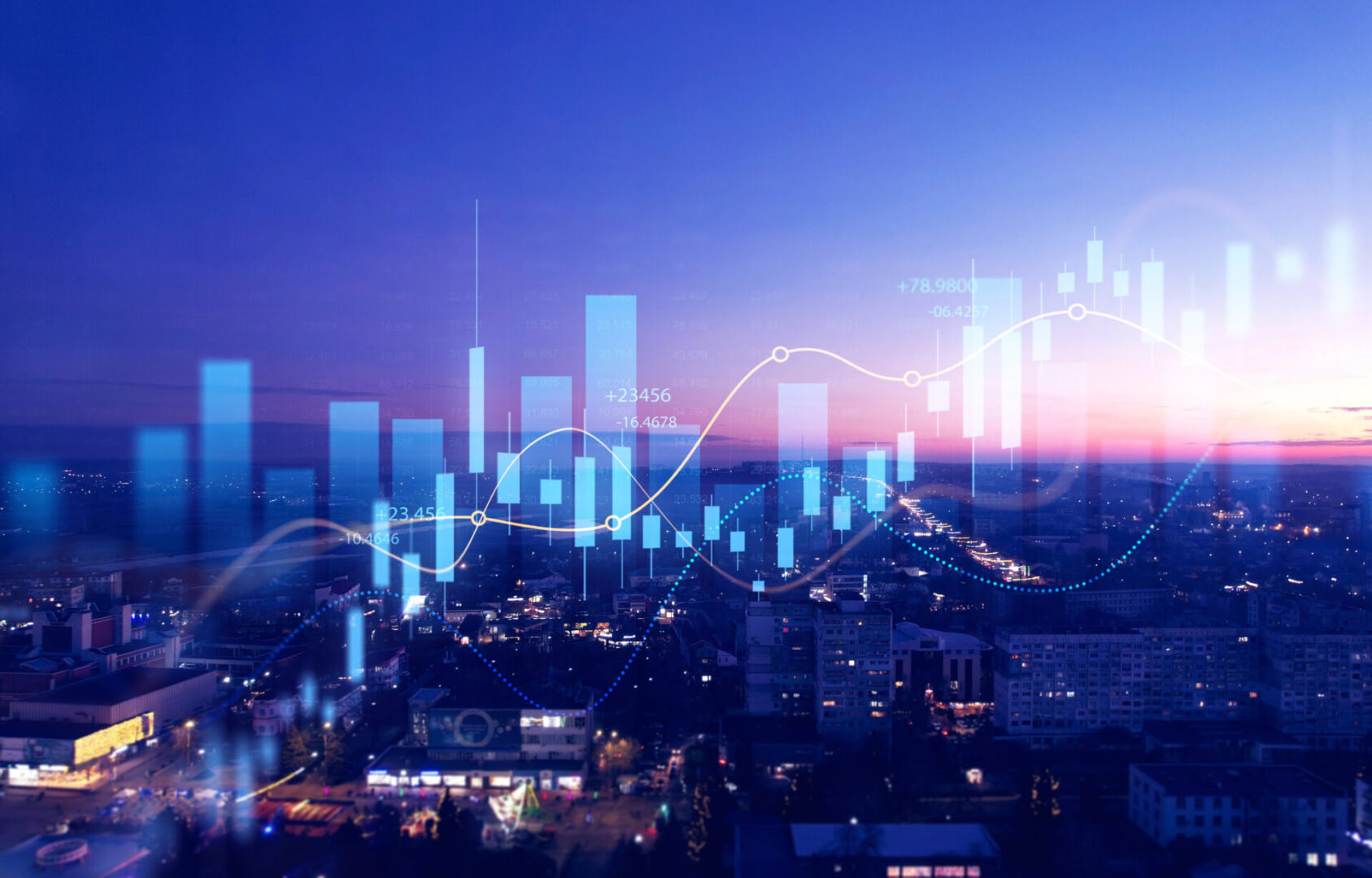 Big data chart on city backdrop.Trade technology, and investment analysis.Business development, financial plan and strategy